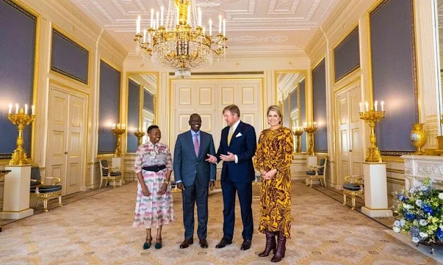 Queen Maxima wore a botanical print silk maxi dress by Johanna Ortiz. Kenyan President William Ruto and his wife Rachel Ruto