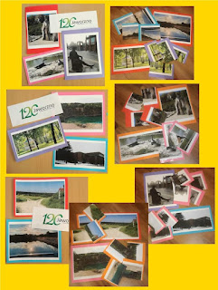 Żółte tło 7 zdjęć obrazki i rozsypane puzzle zrobione z fotografii atrakcyjnych miejsc w Jaworznie napis 120 lecie nadania praw miejskich Jaworzno