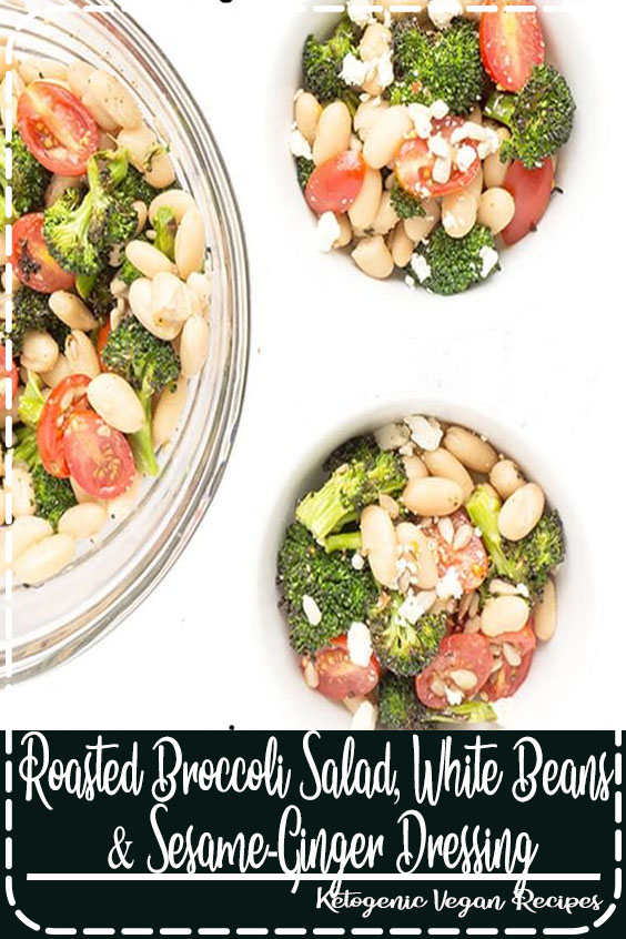 This ROASTED BROCCOLI SALAD is a great side or main dish with cherry tomatoes, white beans, toasted sunflower seeds and a tangy SESAME GINGER DRESSING. Serve it warm or cold - it's delicious either way! #LUNCH | #SALAD | #VEGETARIAN | #BROCCOLI 