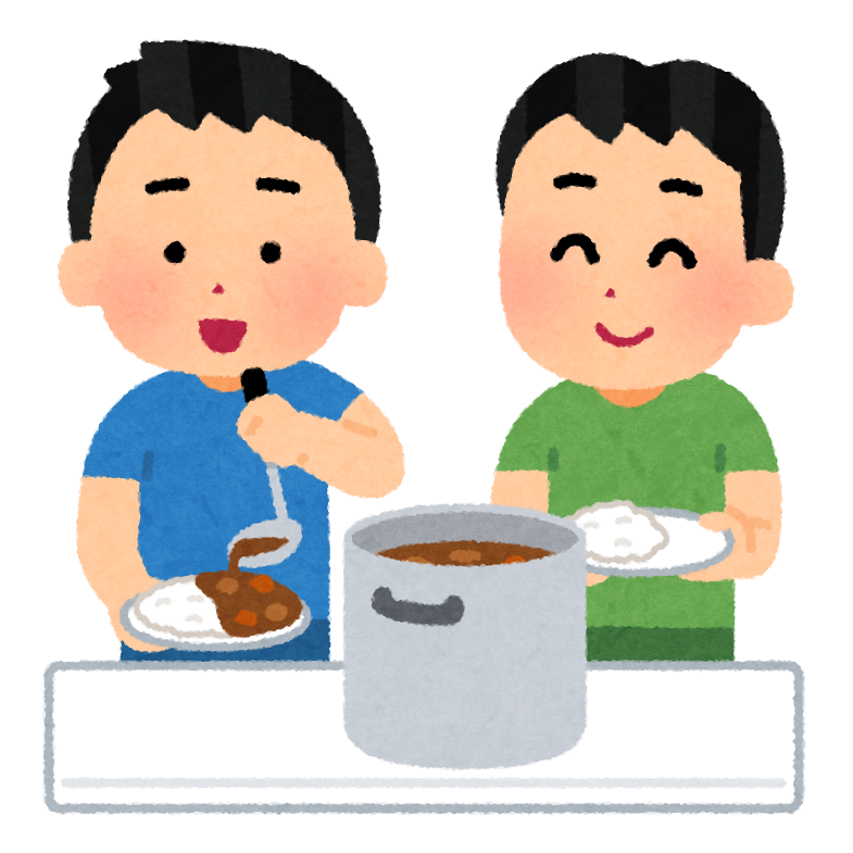 無料イラスト かわいいフリー素材集 カレーを注ぐ男の子のイラスト 合宿