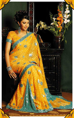 Yellow saree with sequin jall design
