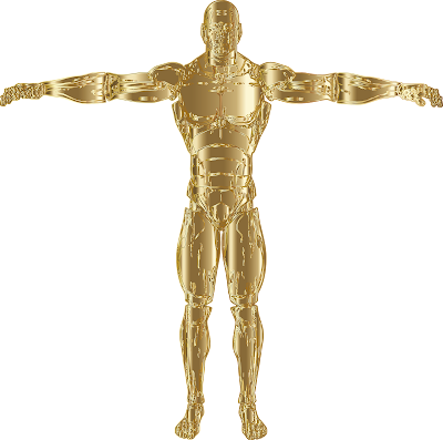 A gold-plated android extends its arms to either side.