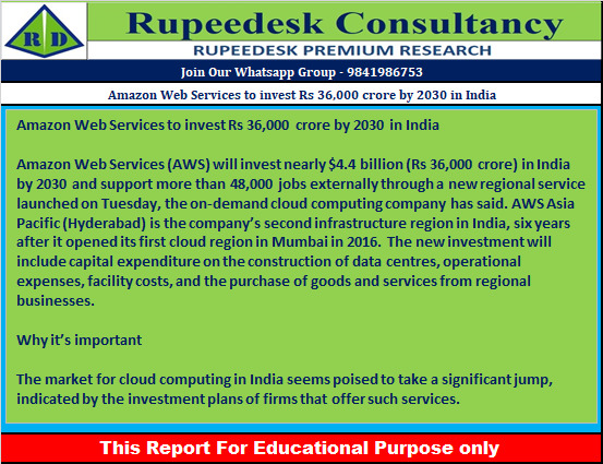 Amazon Web Services to invest Rs 36,000 crore by 2030 in India - Rupeedesk Reports - 23.11.2022