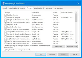 Alguns serviços externos que não são da Microsoft, ligados e desligados