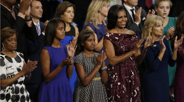 Michelle Obama’s mother Marian, Malia and Sasha Obama, their mother Michelle and Dr. Jill Biden, wife of Vice President Biden, listen to President Barack Obama at the Democratic National Convention