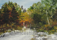 Hike in the forest, 5 x 7 oil painting by Clemence St. Laurent - family coming back from a hike in the woods in the fall