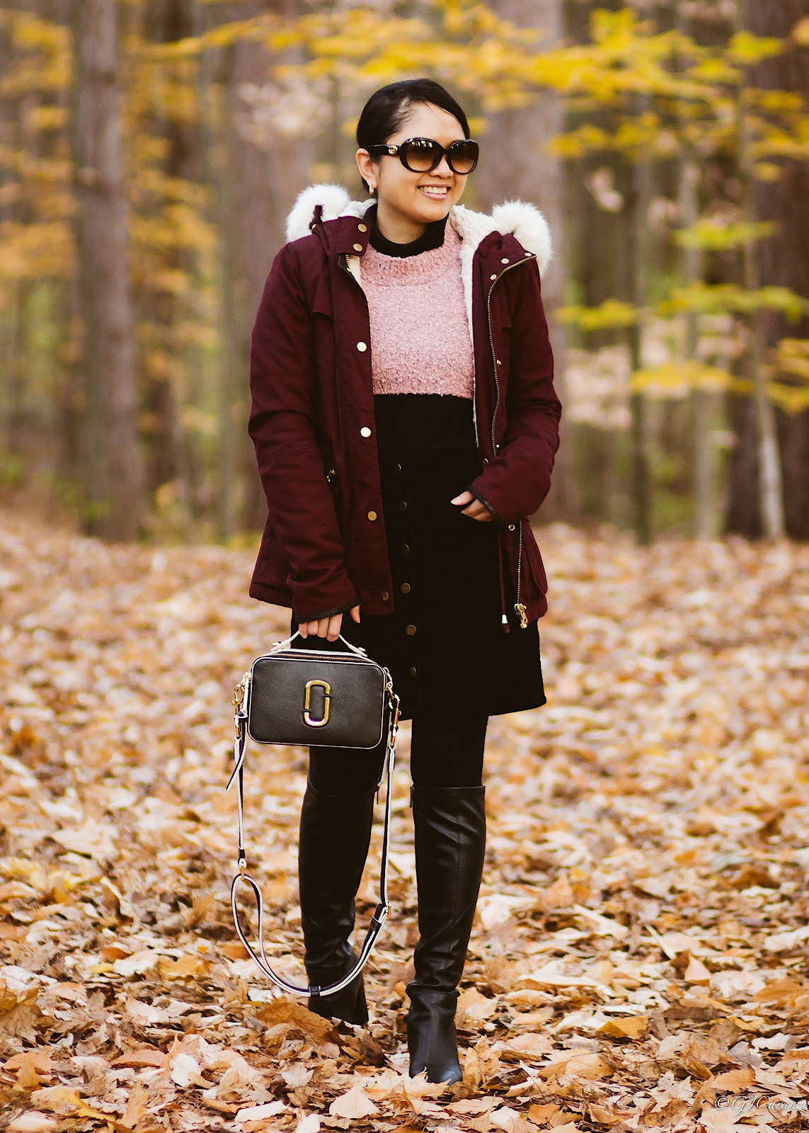 Topshop Hooded Parka | Franco Sarto Knee High Boots | Gucci Sunglasses | Marc Jacobs Sure Shot Bag | Corduroy Skirt | Petite Style | Fall Fashion