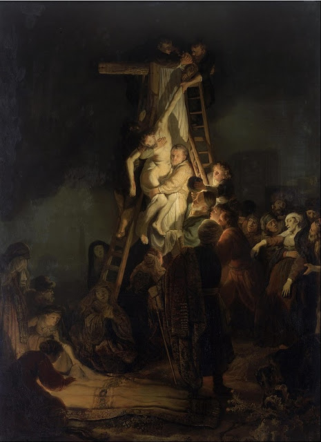 A Descida da Cruz" (1634), pintura de Rembrandt  (1606–1669) exposta no Museu Hermitage em São Petersburgo, Rússia.