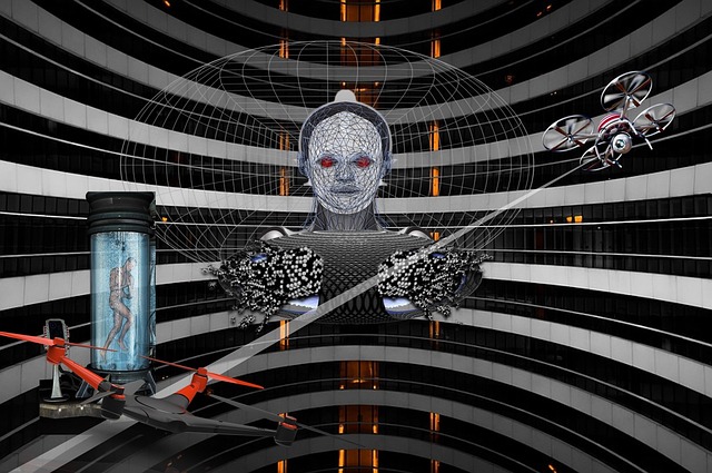 A male android bust floats in the center of the interior of a futuristic multileveled ringed structure.
