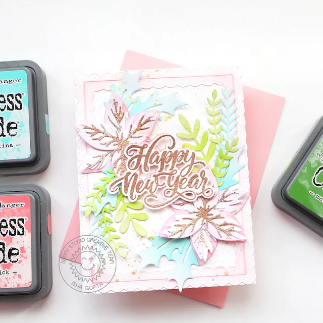 Sunny Studio Stamps: Pristine Poinsettia Winter Greenery Frilly Frame Dies Seasons Greetings Christmas Card by Isha Gupta