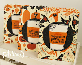 Spooky Night paper and the Merry Cafe' stamp set from Stampin' Up! make adorable treat bags! I have gotten a lot of use out of the Mini Treat Bag framelits. Tanya Boser for the Stamp Review Crew