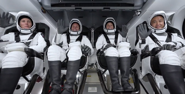 Inside SpaceX's Crew Dragon Endurance capsule, the four Crew-5 astronauts are strapped into their seats for launch...on October 5, 2022.