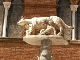 Siena's different Contrada neighbourhoods including Lupa or she-wolf, Siena, Tuscany, Italy