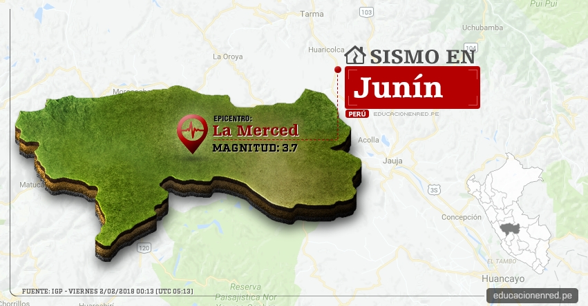 Temblor en Junín de magnitud 3.7 (Hoy Viernes 2 Febrero 2018) Sismo EPICENTRO La Merced - Chanchamayo - Perené - Pichanaqui - San Ramón - Vítoc - IGP - www.igp.gob.pe