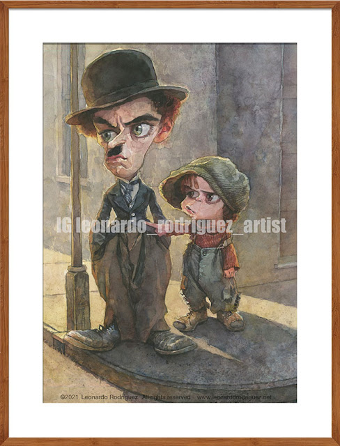 watercolor illustration of a scene of The Kid with Charlie Chaplin and Jackie Coogan