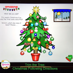 Learn how to use No-Print Activities in speech therapy on your I-Pad or computer like this Christmas Following Directions activity. Portable and no-prep materials that make organization easy. Terrific with toddlers, preschool and autism students. #speechsprouts #speechtherapy #noprint #christmas www.speechsproutstherapy.com