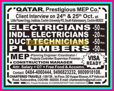 Prestigious MEP Co job vacancies for Qatar - Free food & Accommodation