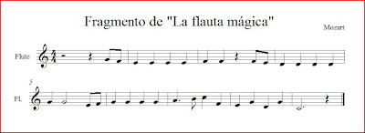 Partitura del Pequeño Fragmento de "La Flauta Mágica" para flauta fácil o instrumentos en clave de sol
