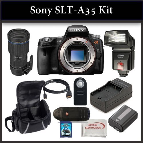 Sony SLT-A35 Digital Camera Kit Includes: Sony SLT-A35 Camera, Tamron 70-200mm f/2.8 Di LD (IF) Macro AF Lens, Bower SFD328 Digital Slave Flash, Extended Life Battery, Rapid Travel Charger, HDMI Cable, 16GB SDHC Memory Card, Memory Card Reader, Wireless Remote, Soft Carrying Case and SSE Microfiber Cleaning Cloth.