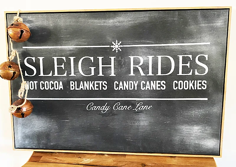 Chalkboard sleigh ride sign with bells