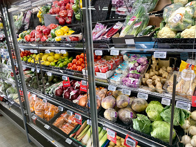 colorful fruits and vegetable case in Ballstad grocery store in Ballstad, Norway