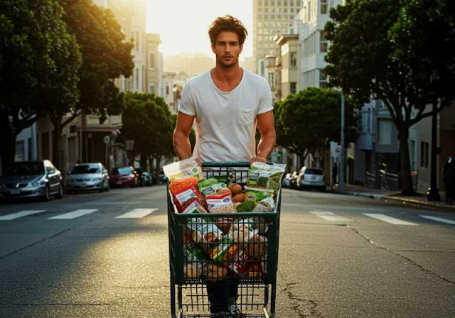 A person in a white t-shirt pushing a shopping cart full of groceries down a city street.