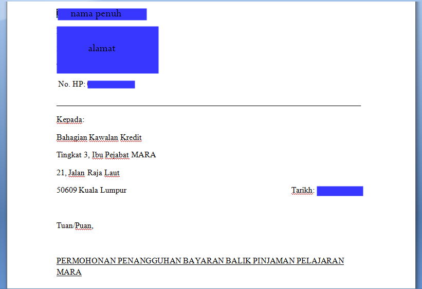 Contoh Surat Tuntutan Bayaran Yuran Pengajian Kepada Pihak Mara