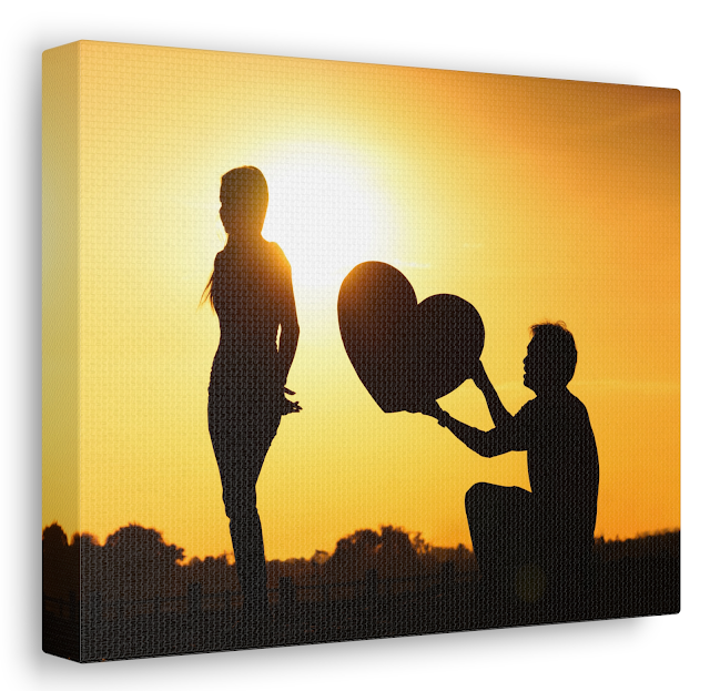 Valentine Canvas Gallery Wrap With Silhouette of Man Kneeling and Giving a Woman a Big Heart