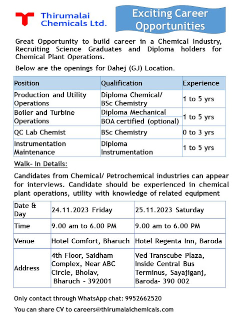 Thirumalai Chemicals Ltd Walk In Interview For Production and Utility Operations/ Boiler and Turbine/ QC/ Instrumentation