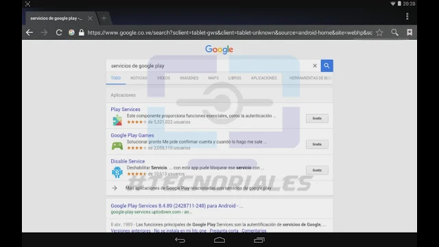 Google Play services como resultado de búsqueda en Google