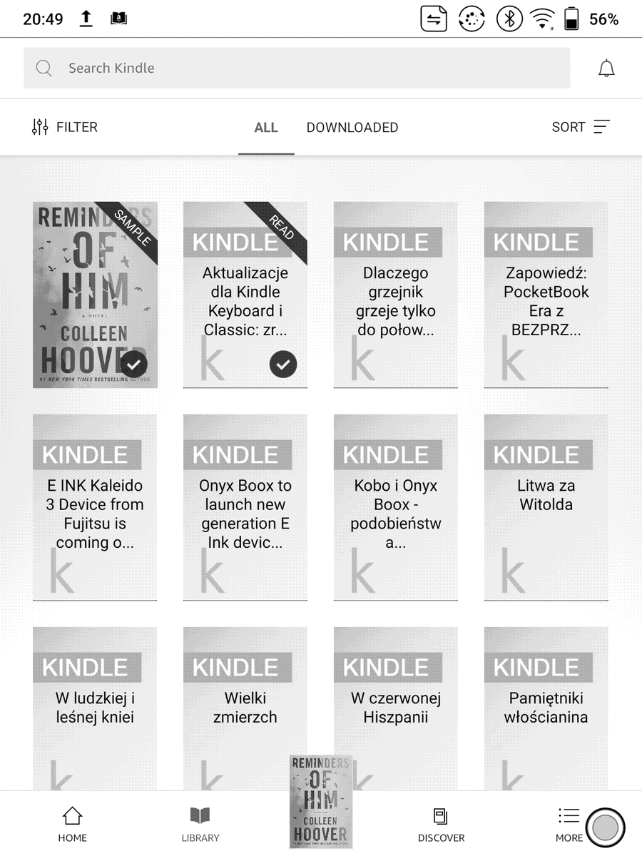 Biblioteka w apliacji Kindle na Onyx Boox Nova Air z zaznaczonym wyświetlaniem wszystkich pozycji