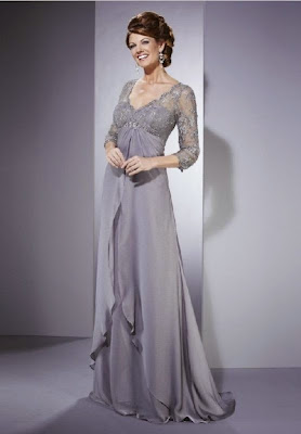 Chiffon and Lace V Neck Empire Long Mother of the Bride Dresses
