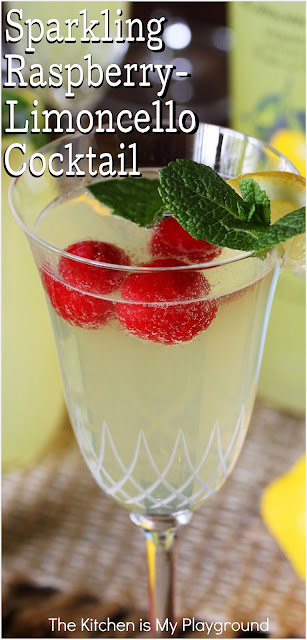 Sparkling Raspberry-Limoncello Cocktail ~ Cool, crisp, & light, a Sparkling Raspberry-Limoncello Cocktail is perfectly refreshing for those hot summer days. With its vibrant red raspberries & pretty pale yellow color, it's stunningly beautiful, too!  www.thekitchenismyplayground.com