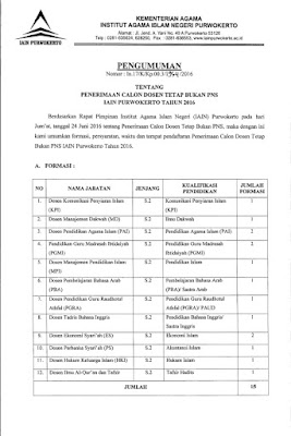 Lowongan Dosen Tetap Bukan PNS IAIN Purwokerto – Juni 2016