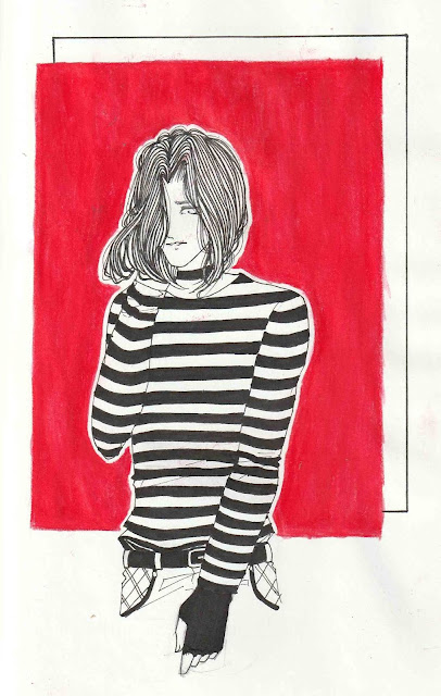 Ilustração de um personagem com os cabelos na altura dos ombros, com camisa listrada e em fundo vermelho.