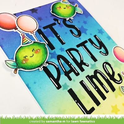 It's Party Lime Card by Samantha M for Lawn Fawnatics Challenge, Lawn Fawn, Pun, Lime, Card Making, Distress Inks, Ink Blending, Die Citting, Handmade Cards, #lawnfawnatics #lawnfawnaticschallenge #lawnfawn #cardmaking #distressinks #inkblending #lime #pun