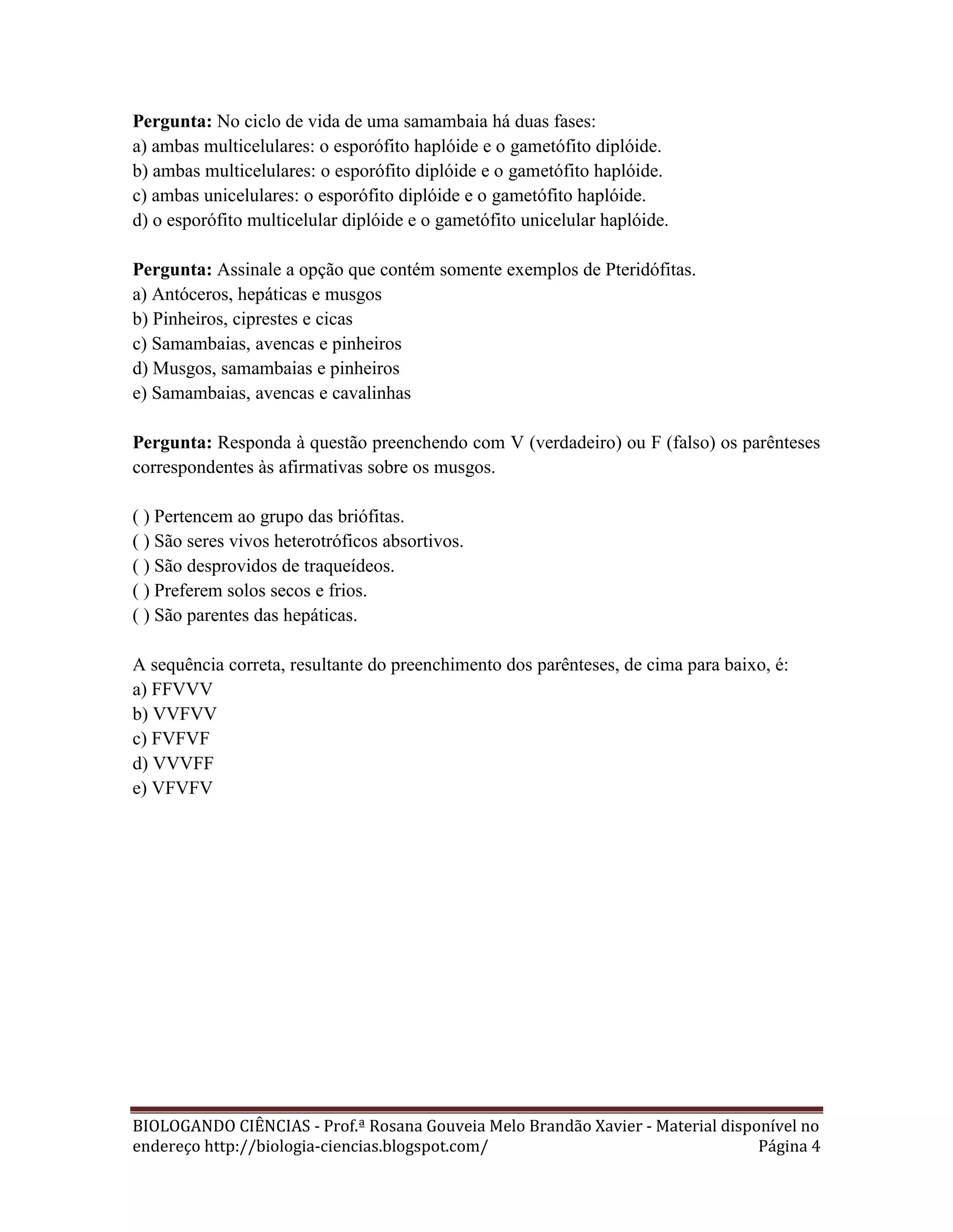 Exercícios briófitas e pteridófitas