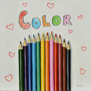 acrylic painting of colored pencils with hearts and bubble letters by artist kim testone