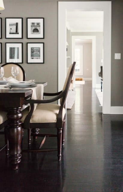 Modern farmhouse elegant dining room with grey walls on Hello Lovely Studio