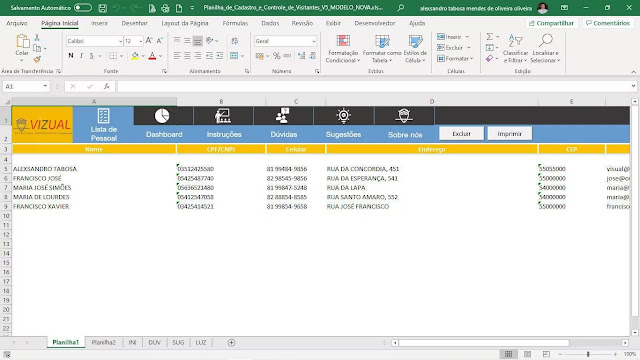 Controle e Cadastro de Visitantes Planilha Excel