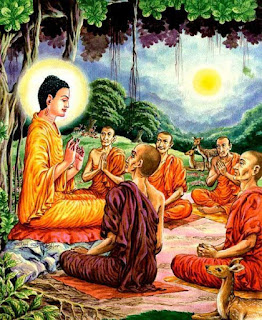 Conducting the first sermon after enlightenment by the Gautama Buddha.