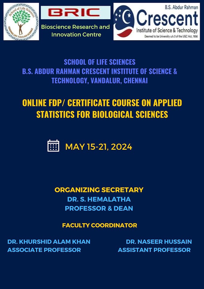 Online FDP/Certificate course on Applied Statistics for Biological Sciences  | May 15 to 21, 2024
