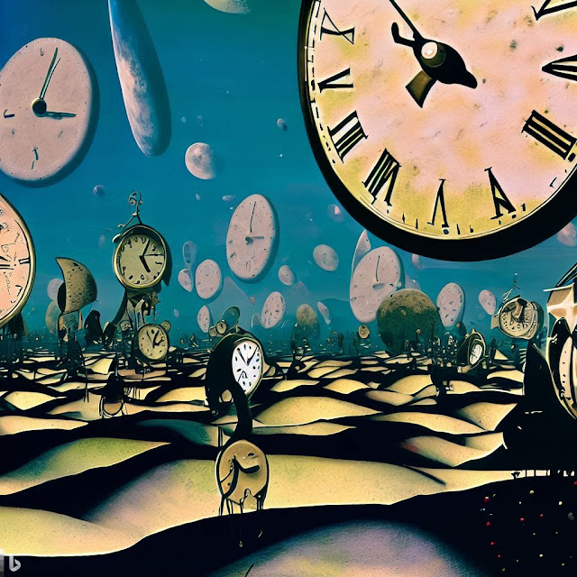 Image generated by Bing AI in the style of Dali, following the prompt "a lunar landscape full of clocks of all types, with clocks instead of stars"