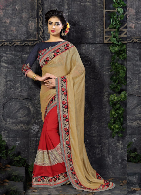 Cream & Red Wholesale Designer Fancy Indian Sarees