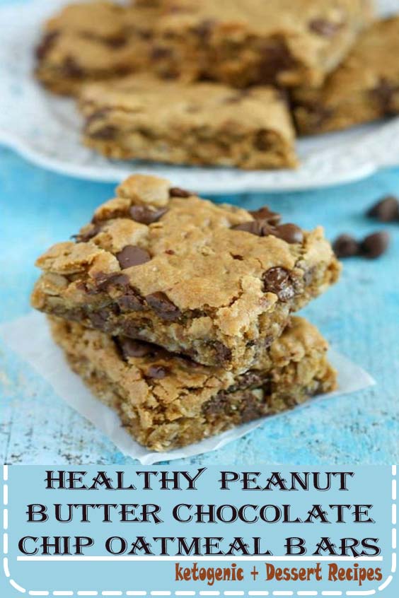 Healthy Peanut Butter Chocolate Chip Oatmeal Bars~ really good! I used half the amount of sugar and dark chocolate chunks. Baked at 325 for 16 min.