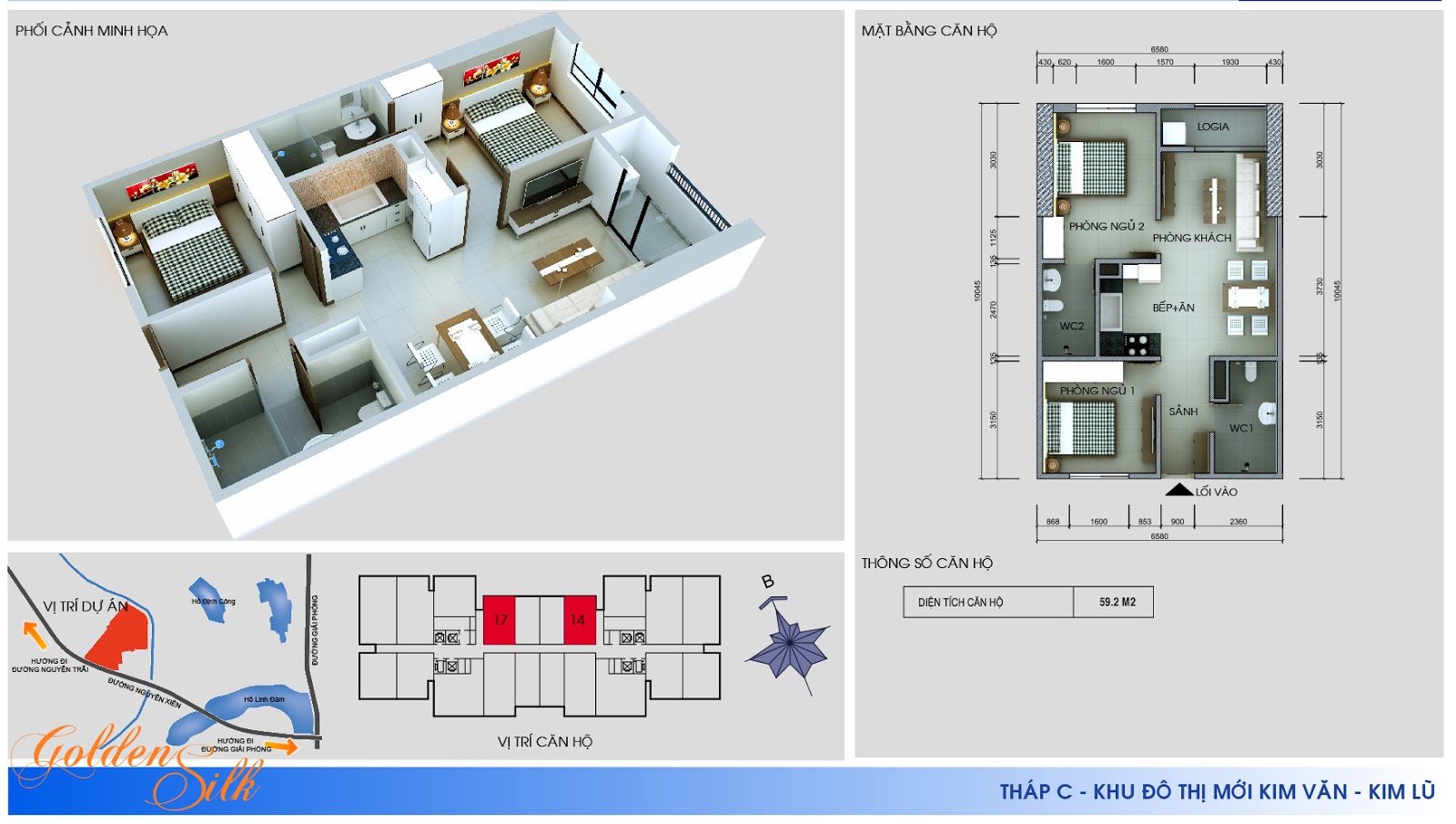 căn hộ 2 phòng ngủ diện tích 59,2 m2: 14 ; 17.