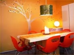 Orange dining room sets decor with wallpaper painting