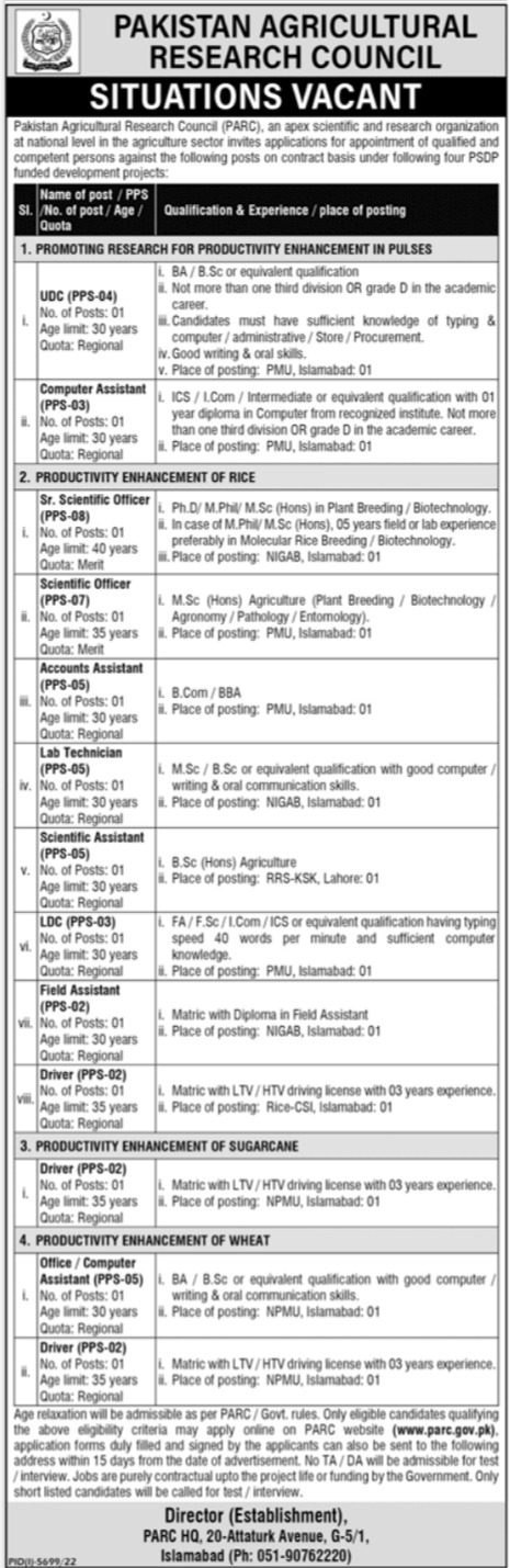 Pakistan Agricultural Research Council Management Posts Islamabad 2023