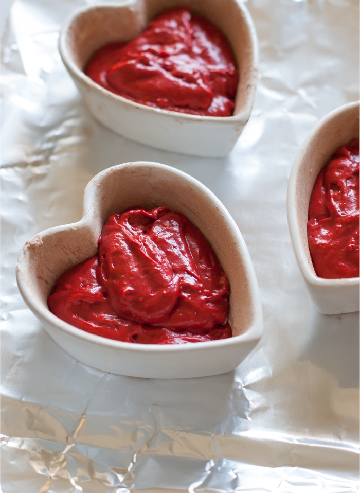 Heart-Shaped Red Velvet LAVA Cakes, batter in ramekins