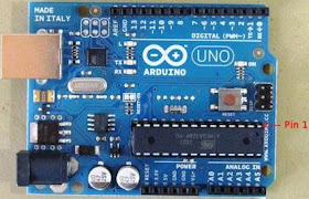 Arduino UNO, with ATMEGA328P-PU pin 1 indicated